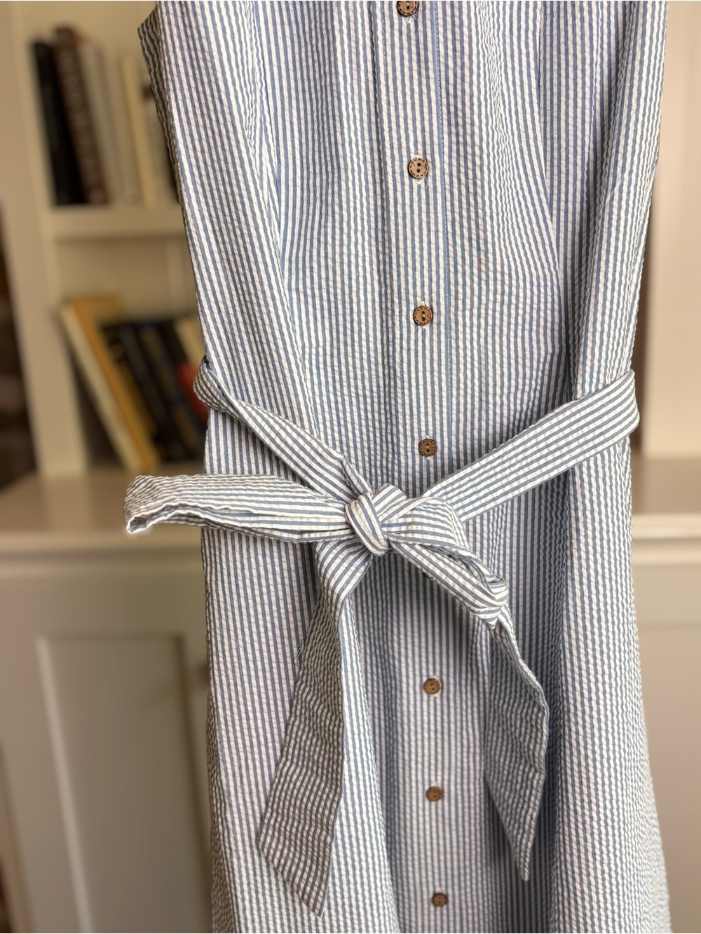 ๐ Anne Klein | Seersucker Midi Shirtdress | No Tag ~Size 8-10 | Blue & White - Picture 5 of 10